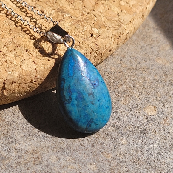 Blue Ocean Jasper Teardrop Stone Sterling Silver Necklace - Picture 3 of 5